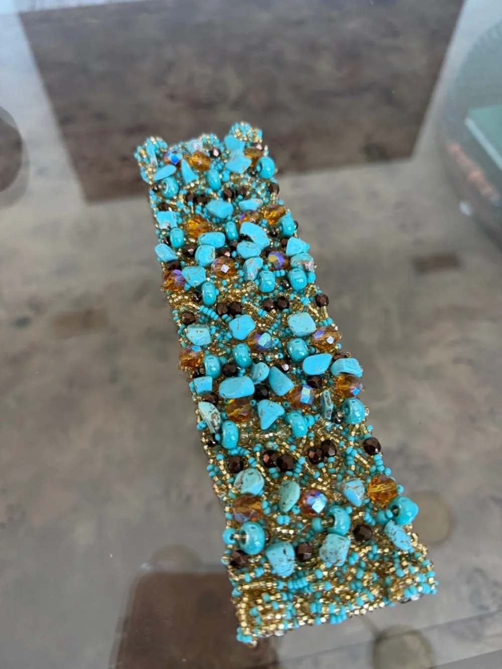 Handmade Turquoise & Gold Beaded Cuff Bracelet